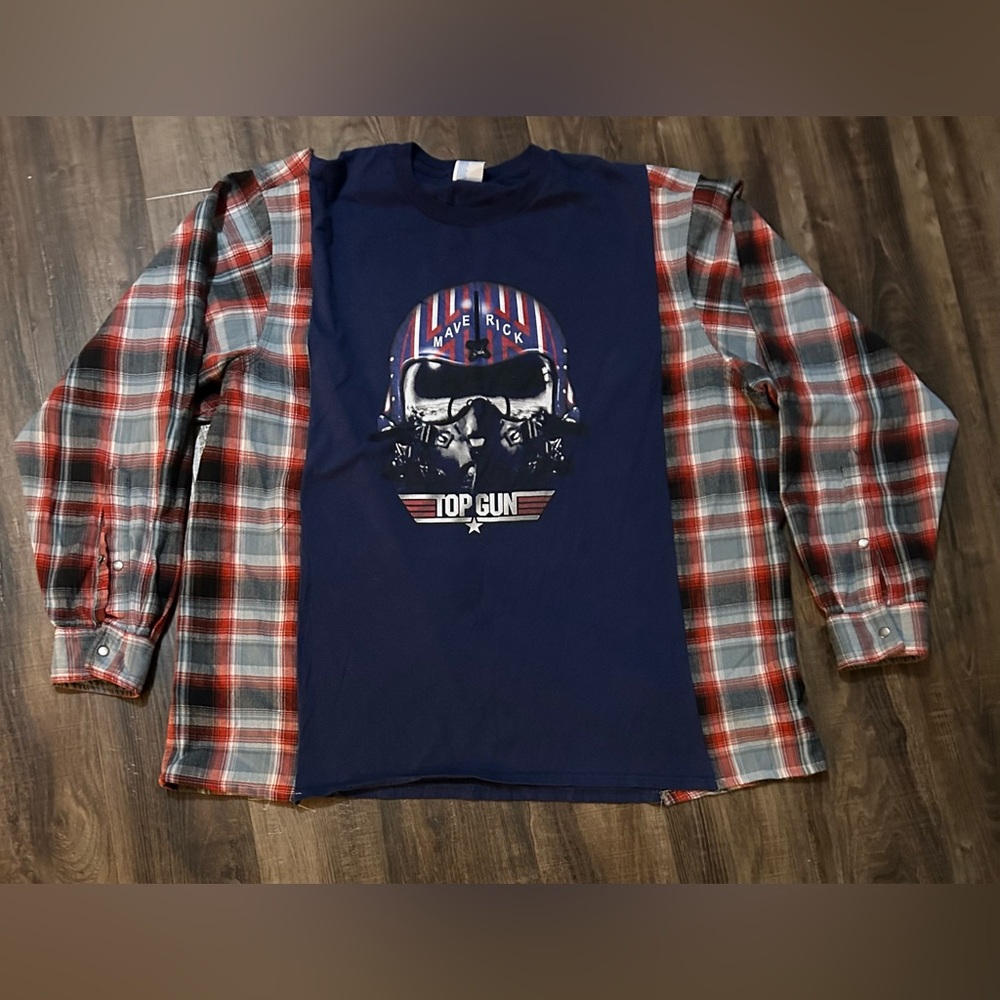 Maverick Top Gun Blue handmade Upcycled Flannel Tshirt Unisex Mens oversized XXL